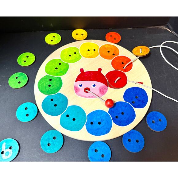 Haba wooden Rainbow Caterpillar Counting Threading Game colors numbers lacing - Picture 5 of 9
